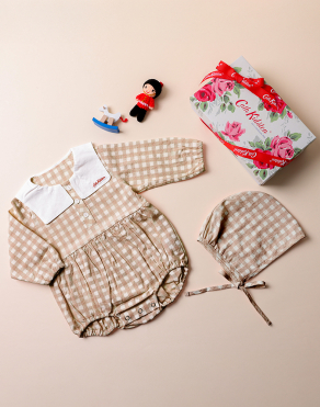 깅엄체크 베이비 바디수트 베이지