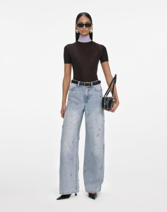 라이트 블루 엠벨레시드 와이드 레그 진