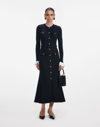 네이비 비스코스 니트 미디 드레스