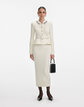 크림 울 페플럼 니트 미디 드레스