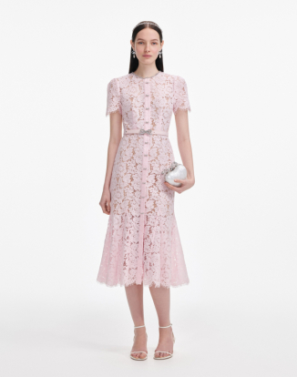 핑크 레이스 보우 트림 미디 드레스