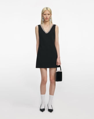 블랙 크레이프 크리스탈 트림 미니 드레스
