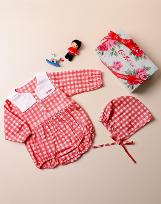 깅엄체크 베이비 바디수트 레드