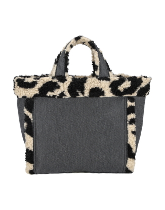 블랙 데님/레오파드 셰르파 스몰 투웨이 데님 토트백