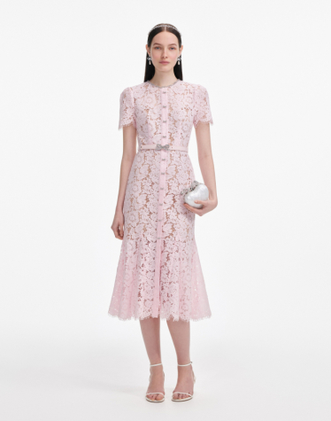 핑크 레이스 보우 트림 미디 드레스