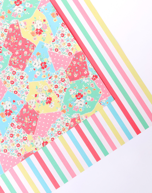 양면 포장지 - 플라워 패치워크 & 스트라이프 10매